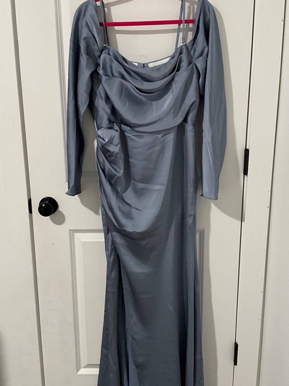 Azazie Steel Blue Satin Long Sleeve Cowl Neck Gown